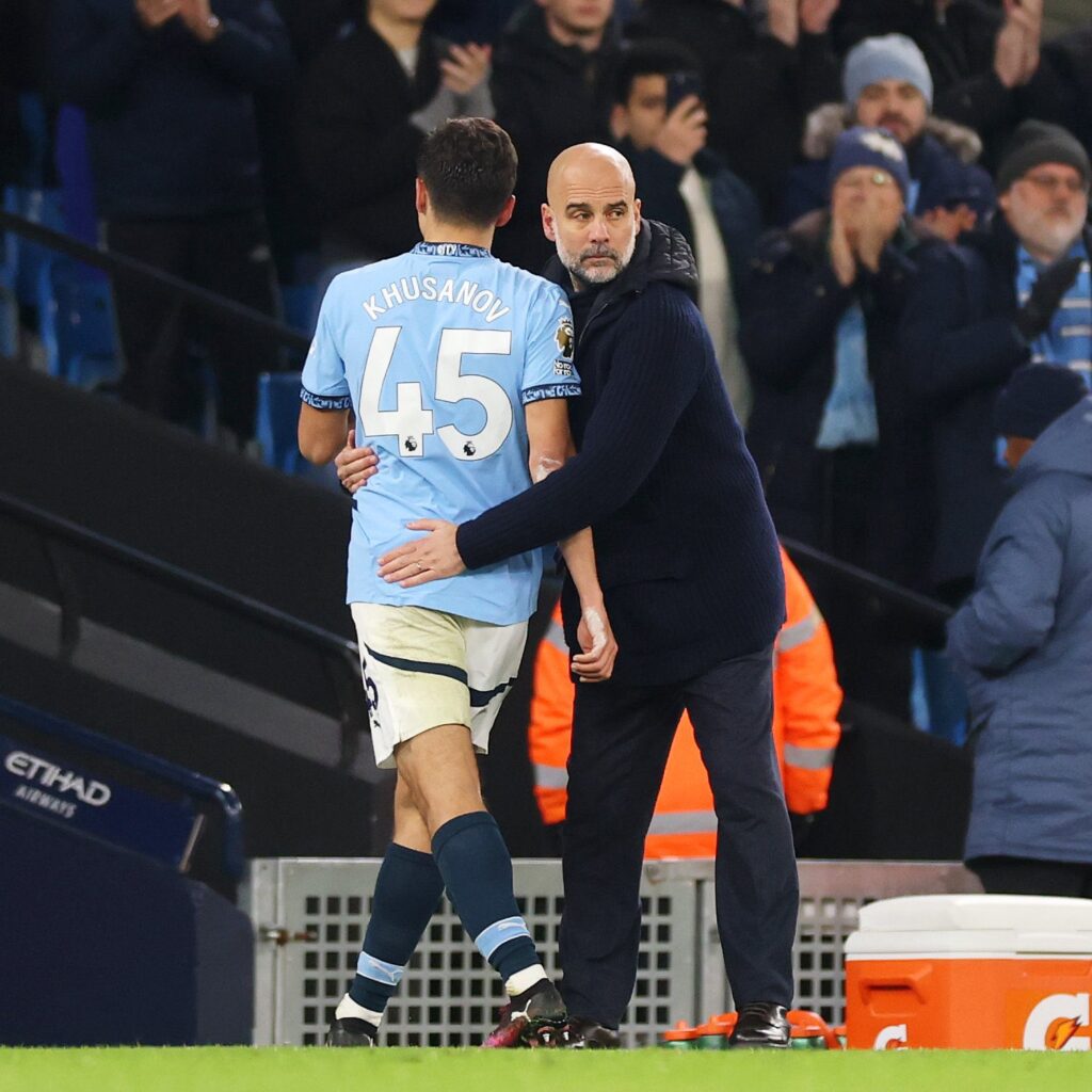 Abdukodir Khusanov and Pep Guardiola.